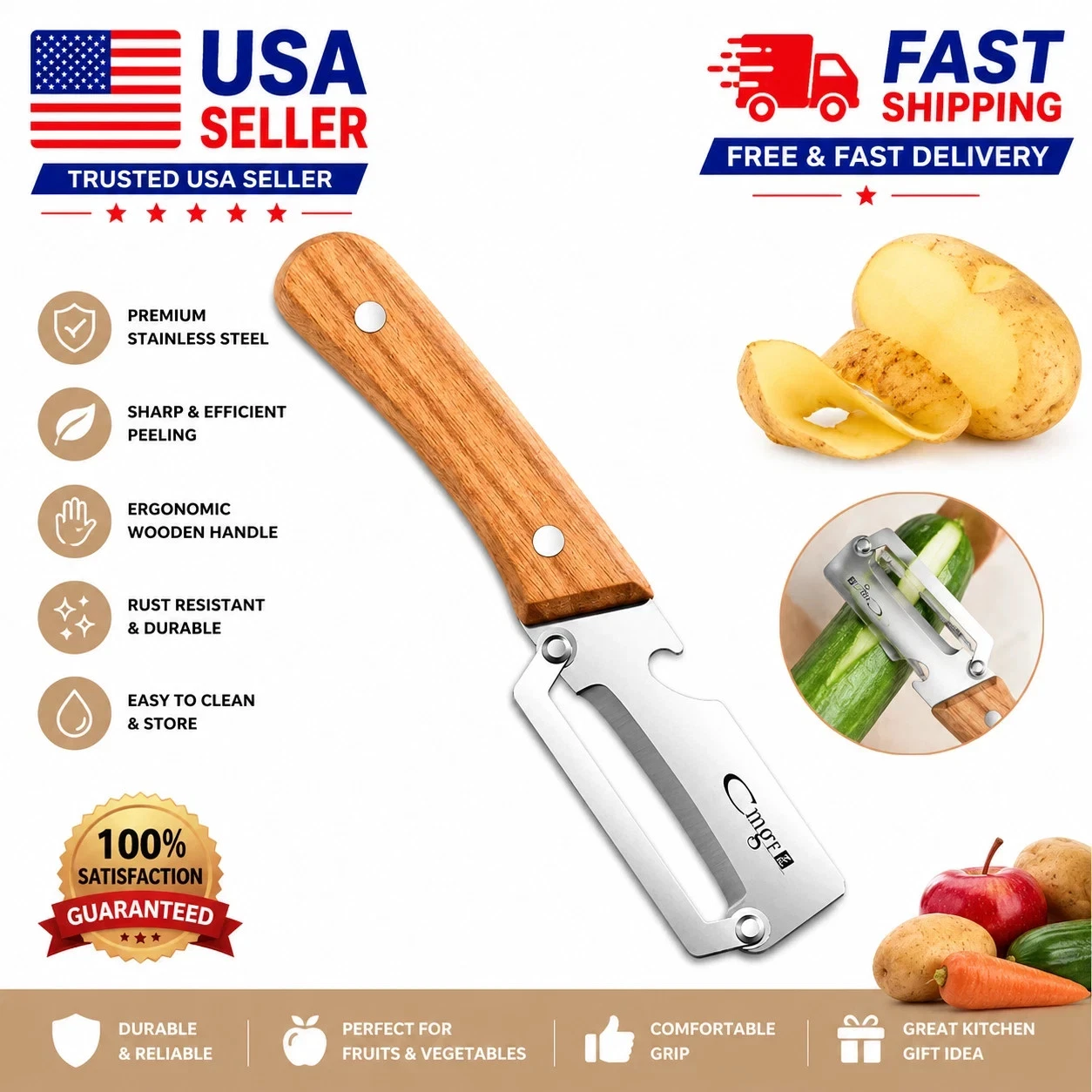Stainless Steel Vegetable Peeler Wooden Handle Fruit Potato Carrot Kitchen Tool