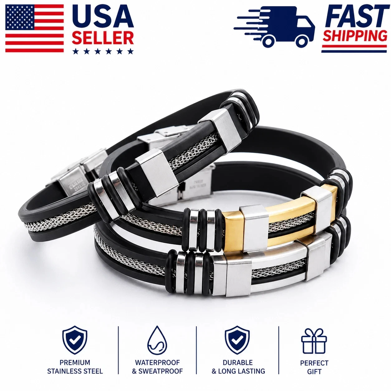 18K Gold Plated Waterproof Men's Bracelet Stainless Steel Stretch Wristband USA