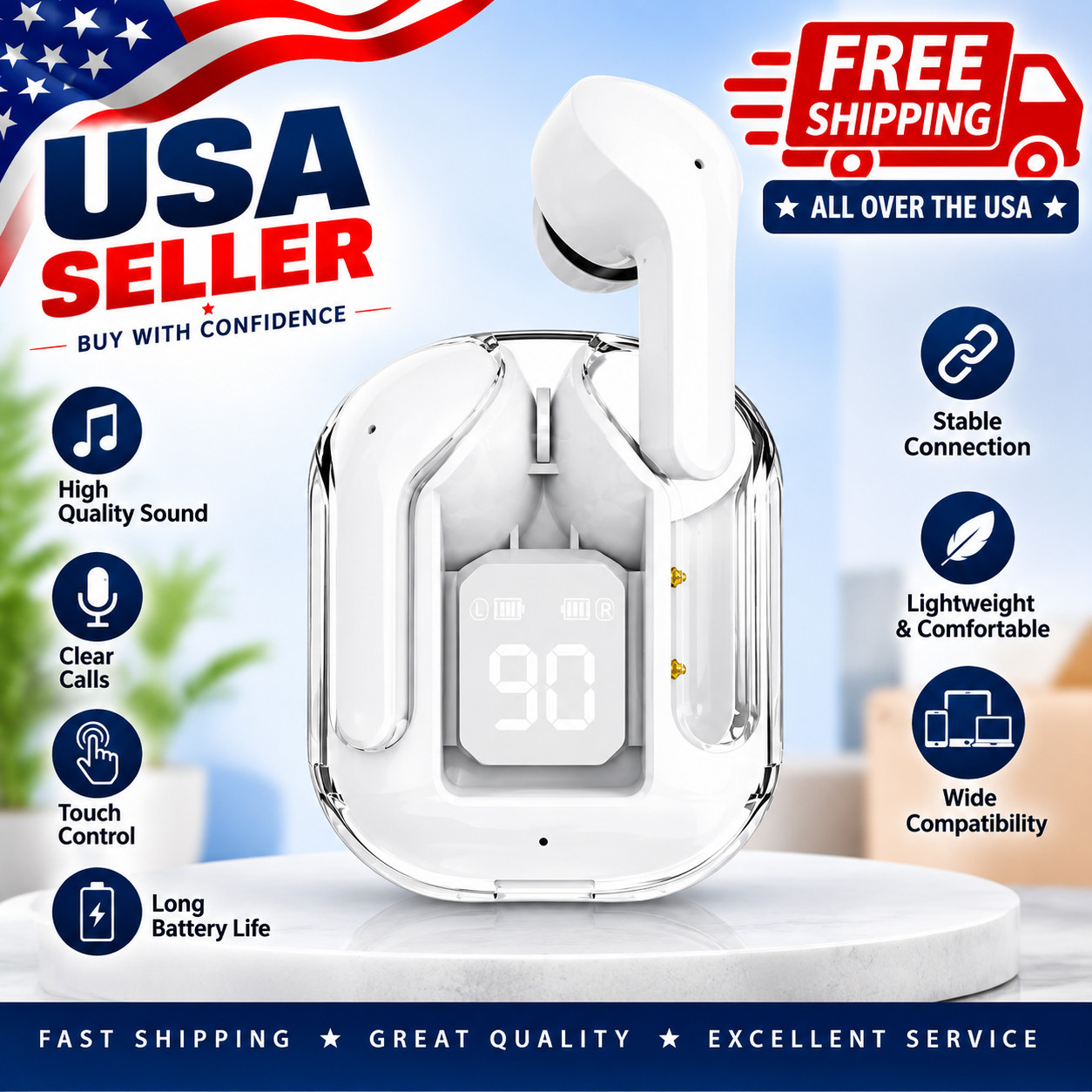 Wireless Bluetooth Earbuds with Charging Case Touch Control Stereo Headphones