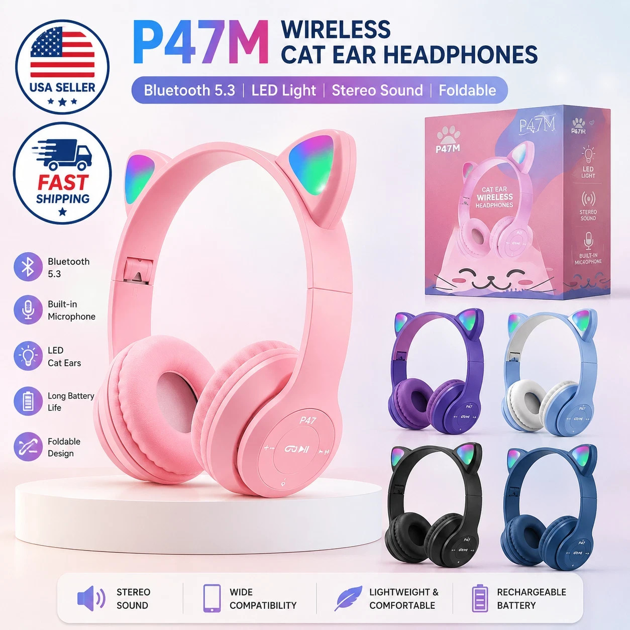P47 Wireless Cat Ear Headphones Bluetooth 5.3 LED Stereo Headset Kids Girls