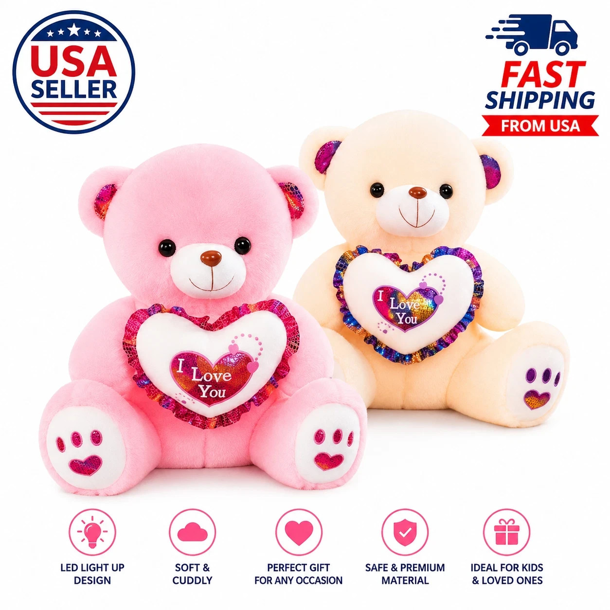 I Love You Light Up Teddy Bear Plush Stuffed Animal Romantic for Kids Girlfriend