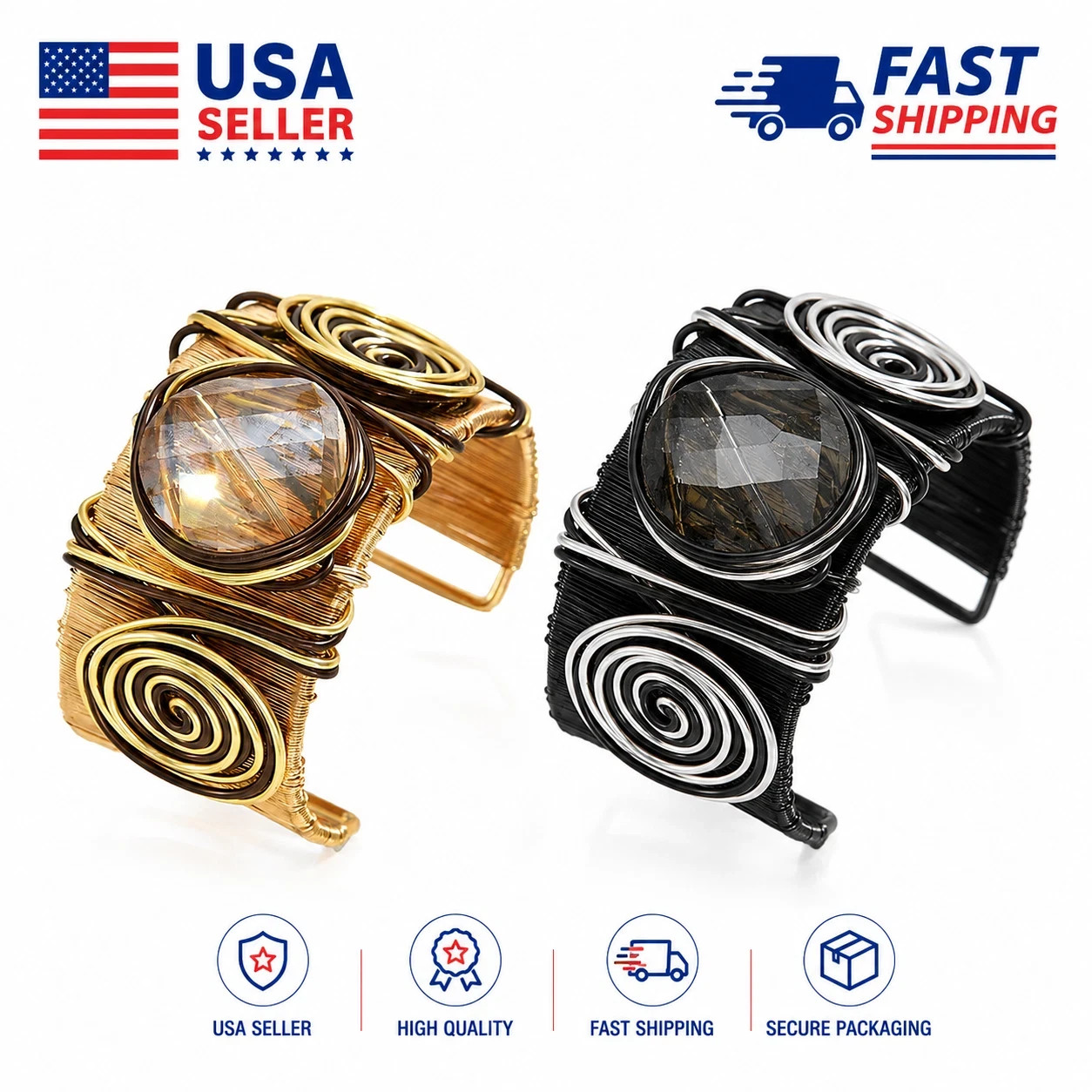 Gold Plated Wide Cuff Bracelet Women's Gemstone Inlay Fashion Bangle Jewelry