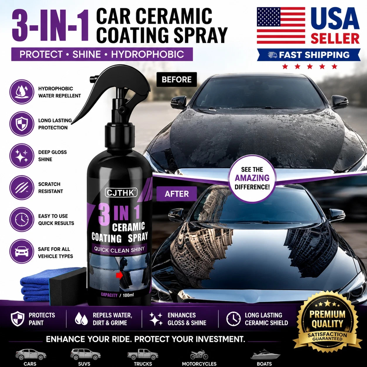 3-in-1 Car Ceramic Nano Coating Spray Hydrophobic Paint Protection Polish Wax