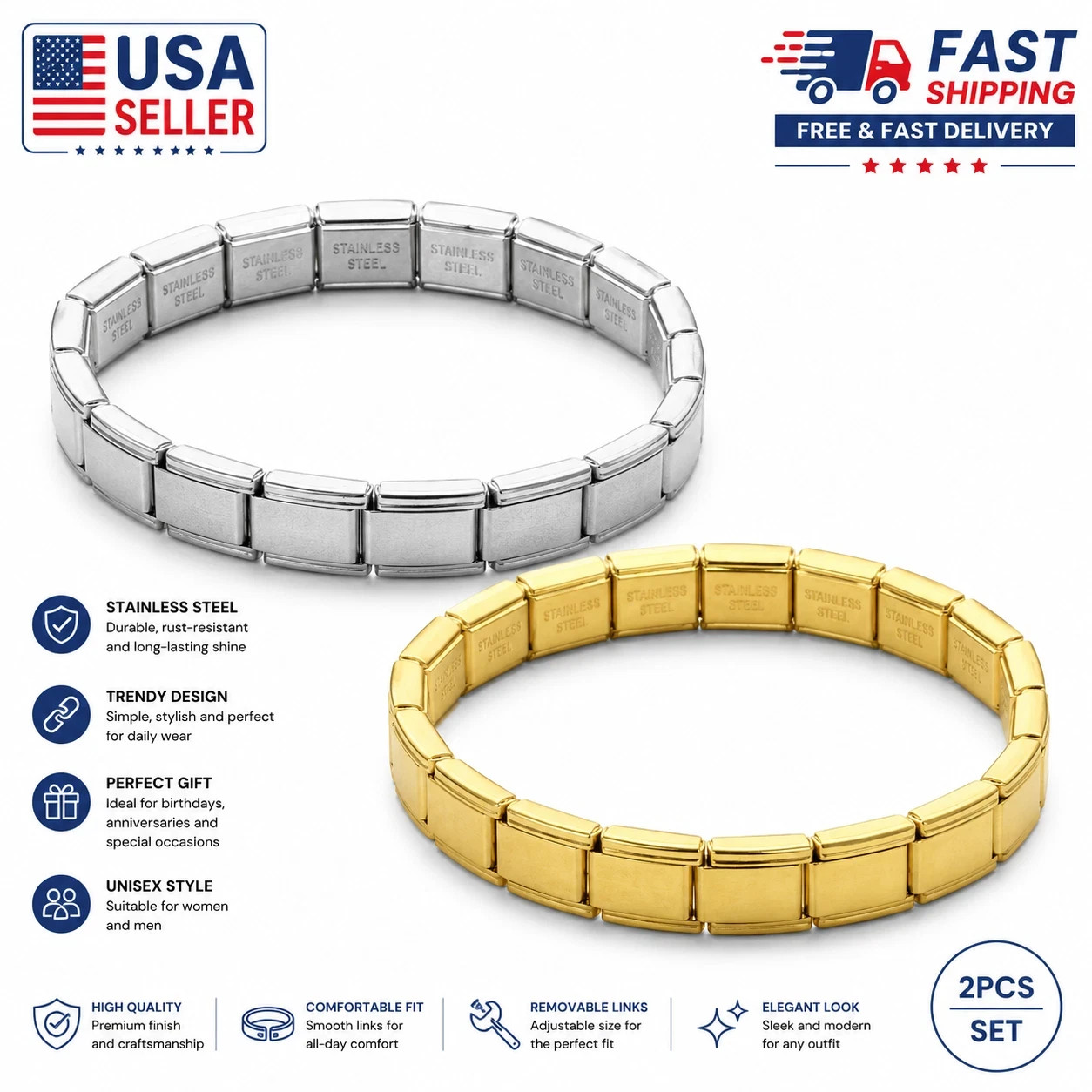 2-Pcs Stainless Steel Charm Bracelet for Women Men Trendy Silver Link Chain