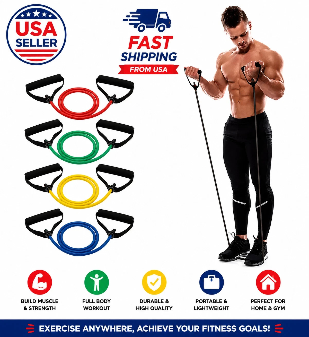 Resistance Bands Set with Handles Home Gym Exercise Workout Fitness Training Tube