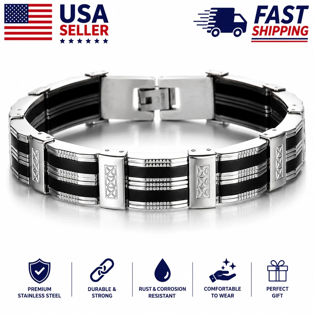 Men's Biker Chain Bracelet Stainless Steel Silicone Punk Motorcycle Jewelry Set
