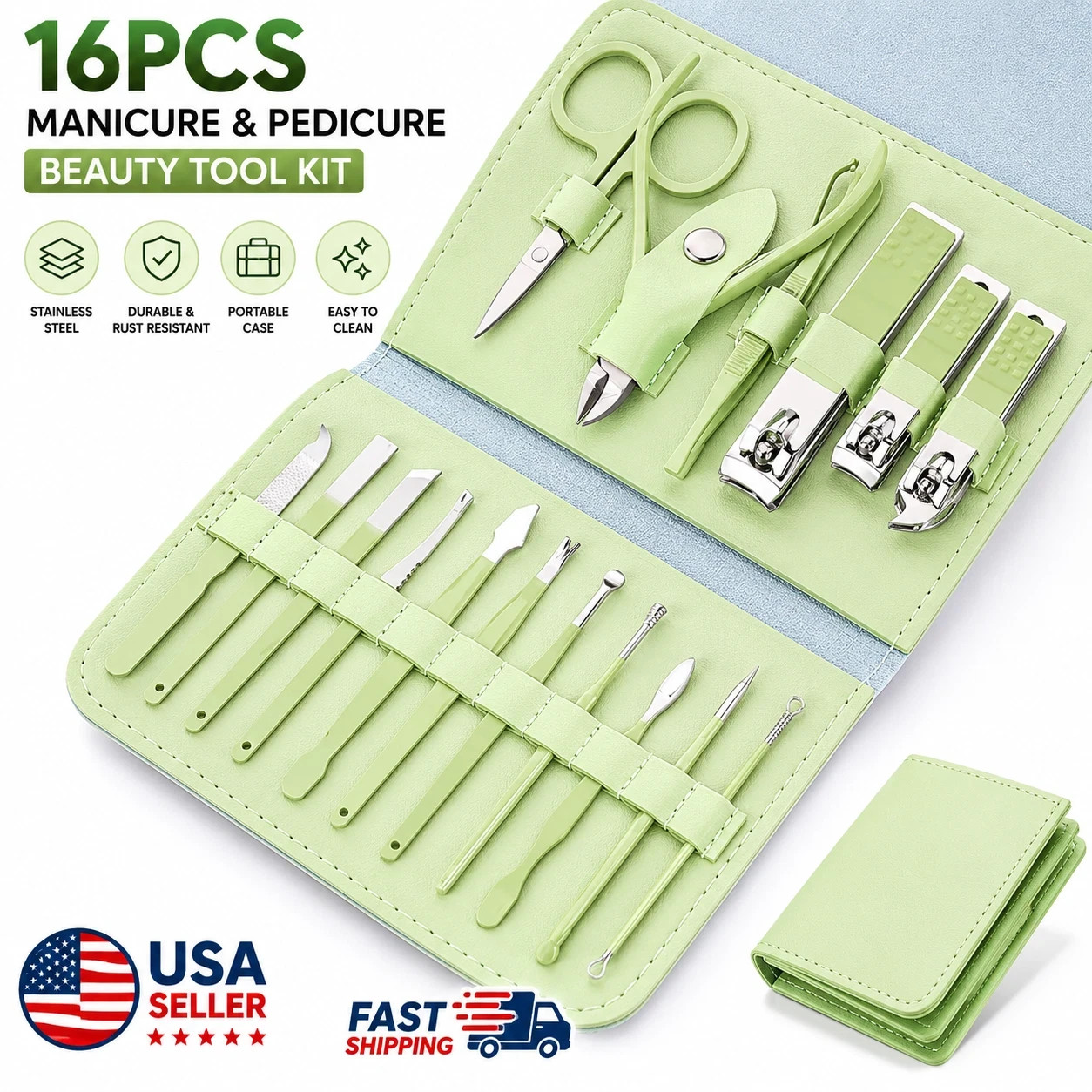 16PCS Professional Nail Clipper Kit Manicure Pedicure Set Stainless Steel Case