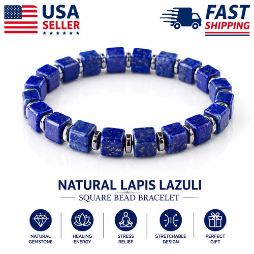 Natural Lapis Lazuli Square Bead Bracelet Boho Healing Stretch Jewelry Gift