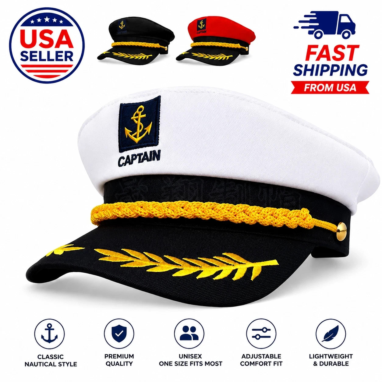 Nautical Captain Hat Yacht Sailor Skipper Costume Cap Adjustable Adult Unisex