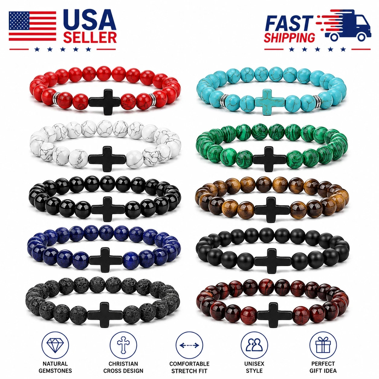 Christian Cross Bracelet Men Turquoise Natural Stone Beaded Stretch Bracelet