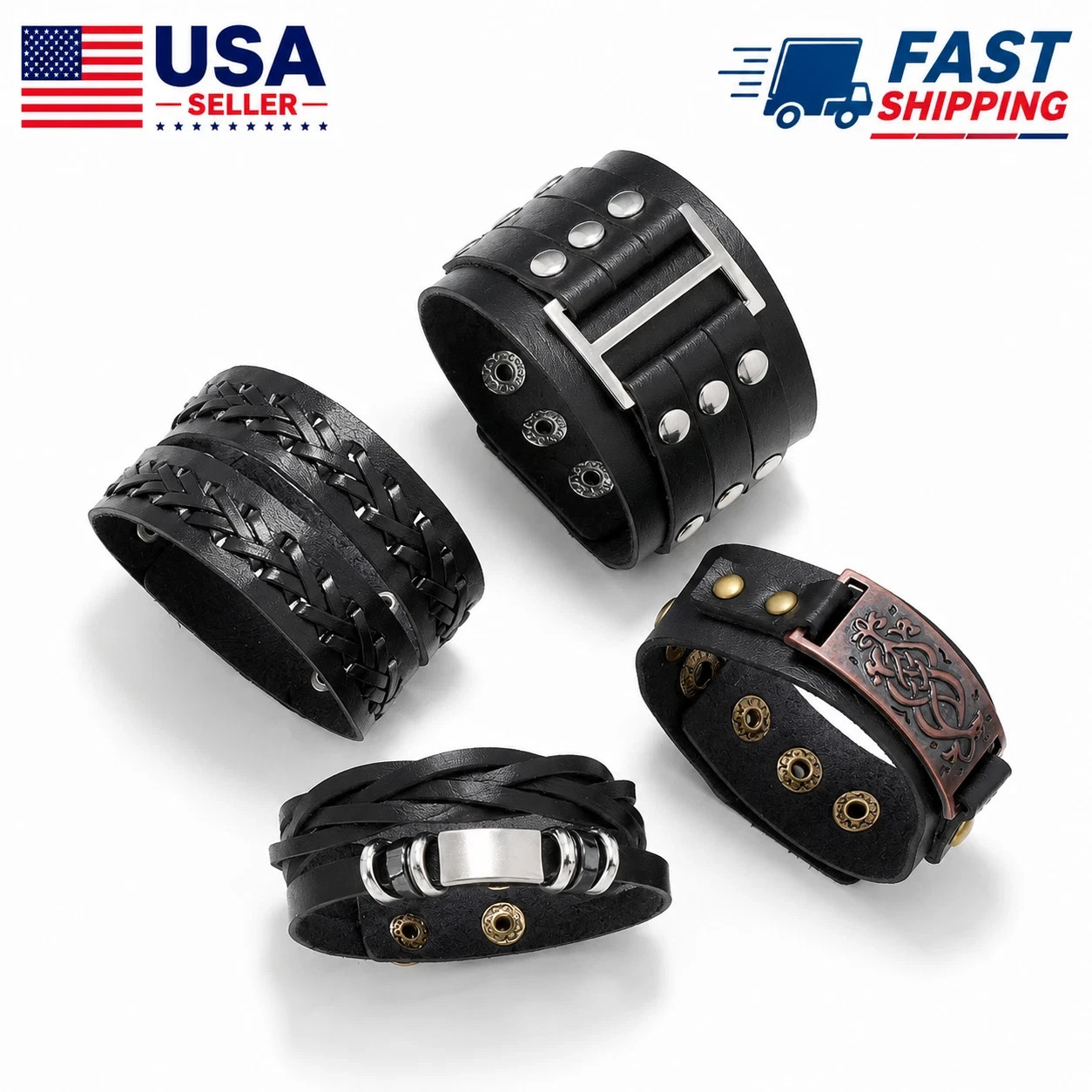 4PCS Men's Punk Leather Bracelet Set Braided Cuff Wristband Rock Bangle
