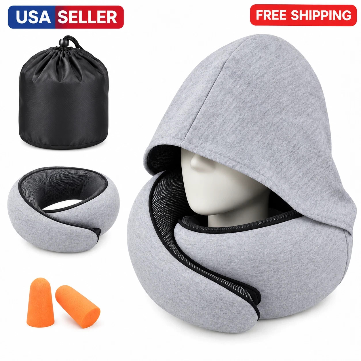 2-in-1 Travel Pillow U Shape Memory Foam Neck Pillow Hood Cooling Portable Sleep