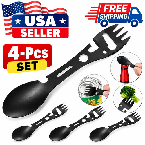 4-Pcs Camping Spork Set Outdoor Fork Spoon Bottle Opener Survival Utility Tool