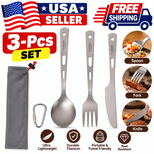 3-Pcs Titanium Spoon Fork Knife Set Camping Travel Tableware Outdoor Dining Gear