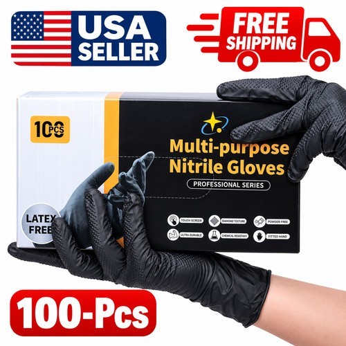 100 Pcs Black Diamond Nitrile Disposable Gloves Powder Free Heavy Duty Grip