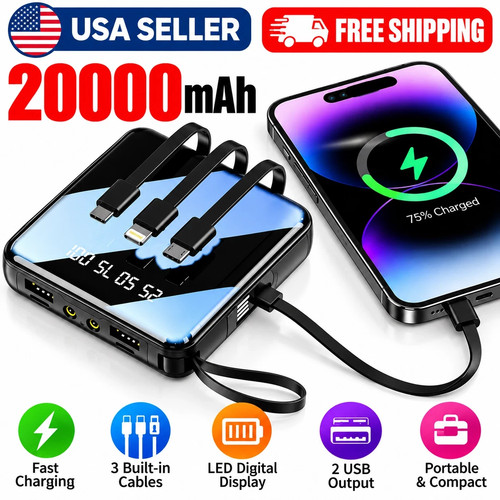 20000mAh Mini Power Bank Portable Charger USB C Micro USB 15W Fast Charging