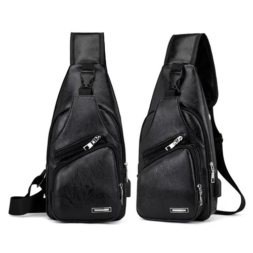 Men’s PU Leather Crossbody Sling Bag Chest Pack USB Charging Port Shoulder Bag