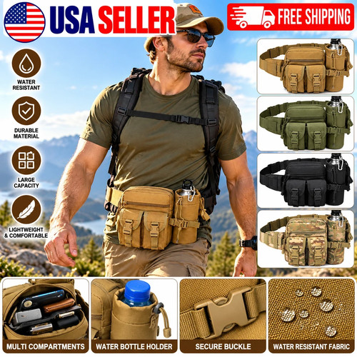 Tactical Waist Pack Men Nylon Hiking Camping Hunting Water Bottle Phone Belt Bag