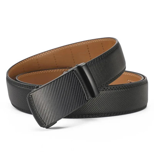 Men's Genuine Leather Ratchet Belt Striped Pattern Automatic Buckle Cowboy Style