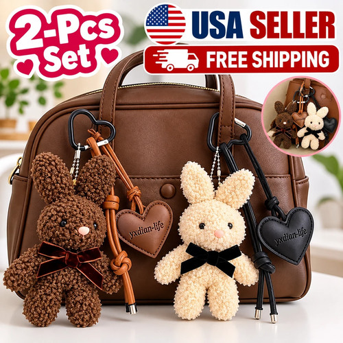 2Pcs Furry Rabbit Bag Charm Cute Bunny Keychain Plush Pendant Leather Heart Gift